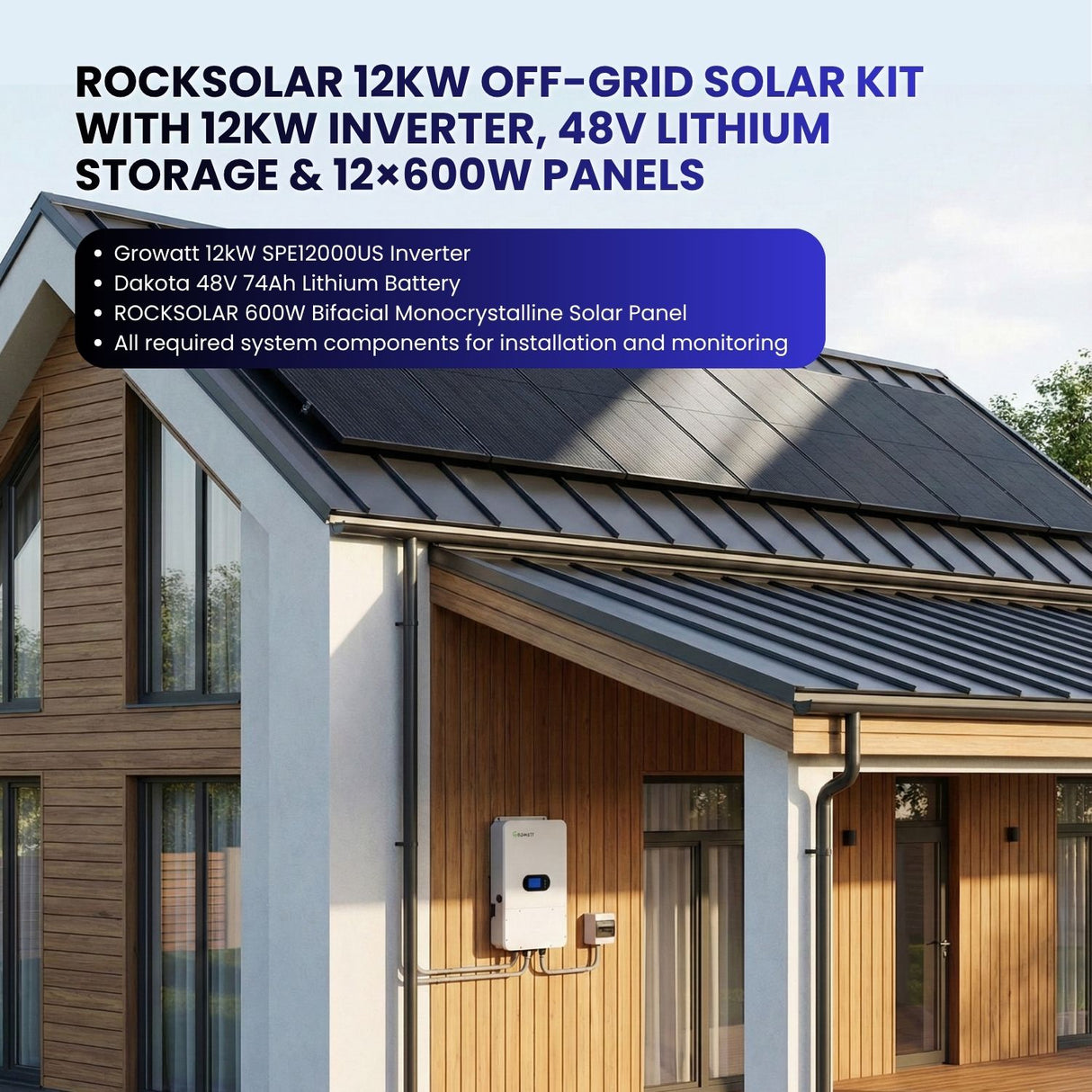Kit solar Rocksolar de 10 kW para autoconsumo con inversor híbrido, almacenamiento de litio de 48 V y 12 paneles de 600 W