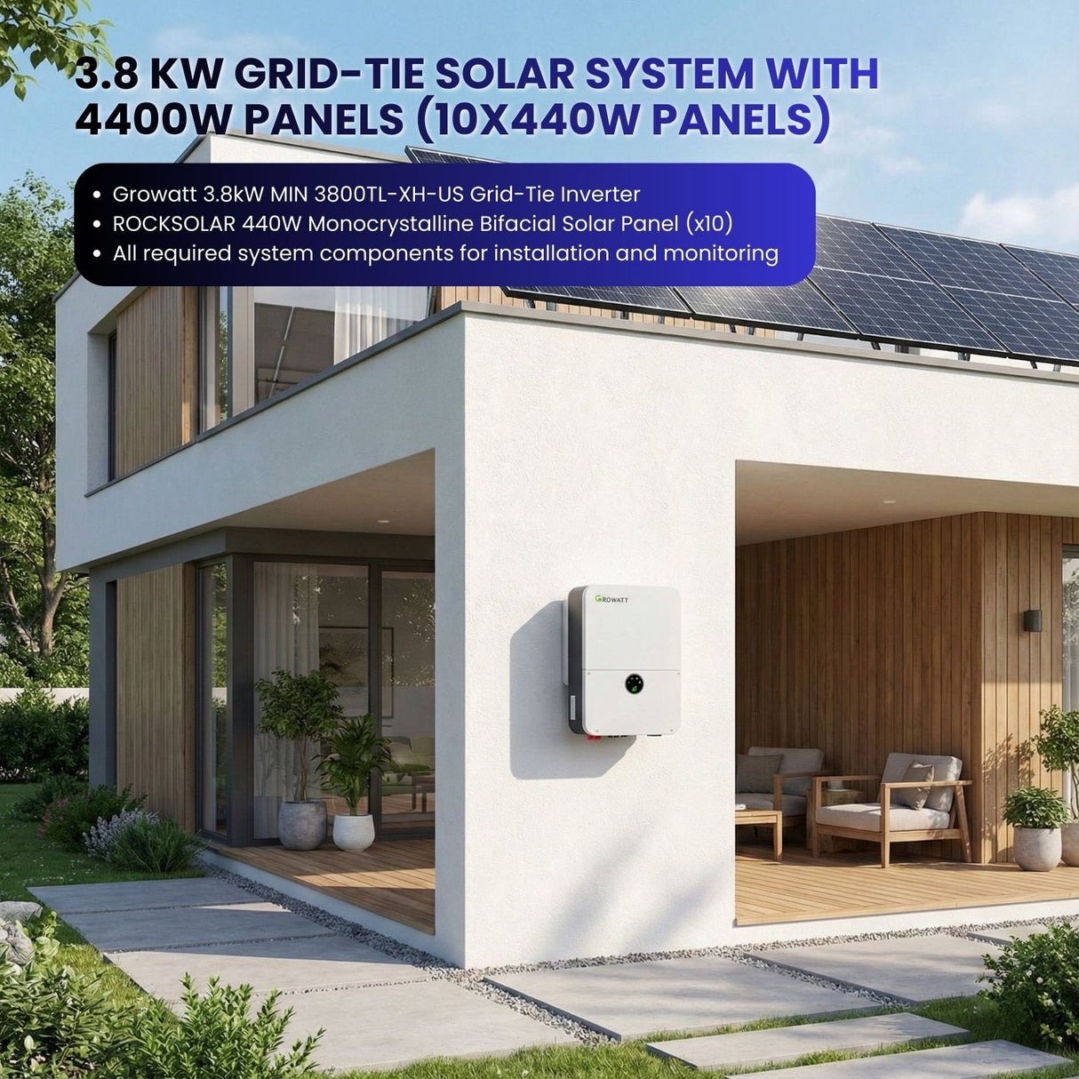 440w roof solar panels and inverters on wall, featuring a 3.8 kW grid-tie solar system.