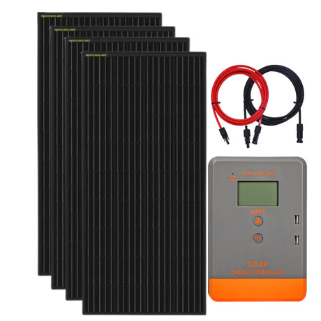 ROCKSOLAR 880W 24V Rigid Solar Panel Kit including black solar panels, red and black wires, and a digital solar charge controller.
