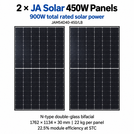 Two JA Solar JAM54D40-450/LB 450W panels, 900W total; dimensions and specifications