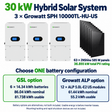 30 kW hybrid kit with three Growatt SPH 10000TL-HU-US inverters and 63 ZNShine 585 W panels; choose six GSL batteries or twelve Growatt ALP modules, not both.