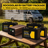 ROCKSOLAR RV package with four R-T12100B 100Ah batteries and 3000W inverter; 5.12 kWh nominal and 4.864 kWh estimated usable battery energy.