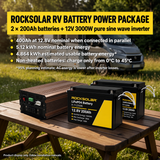 ROCKSOLAR RV package with two non-heated R-T12200B 200Ah batteries and 3000W inverter; 5.12 kWh nominal and 4.864 kWh estimated usable battery energy.